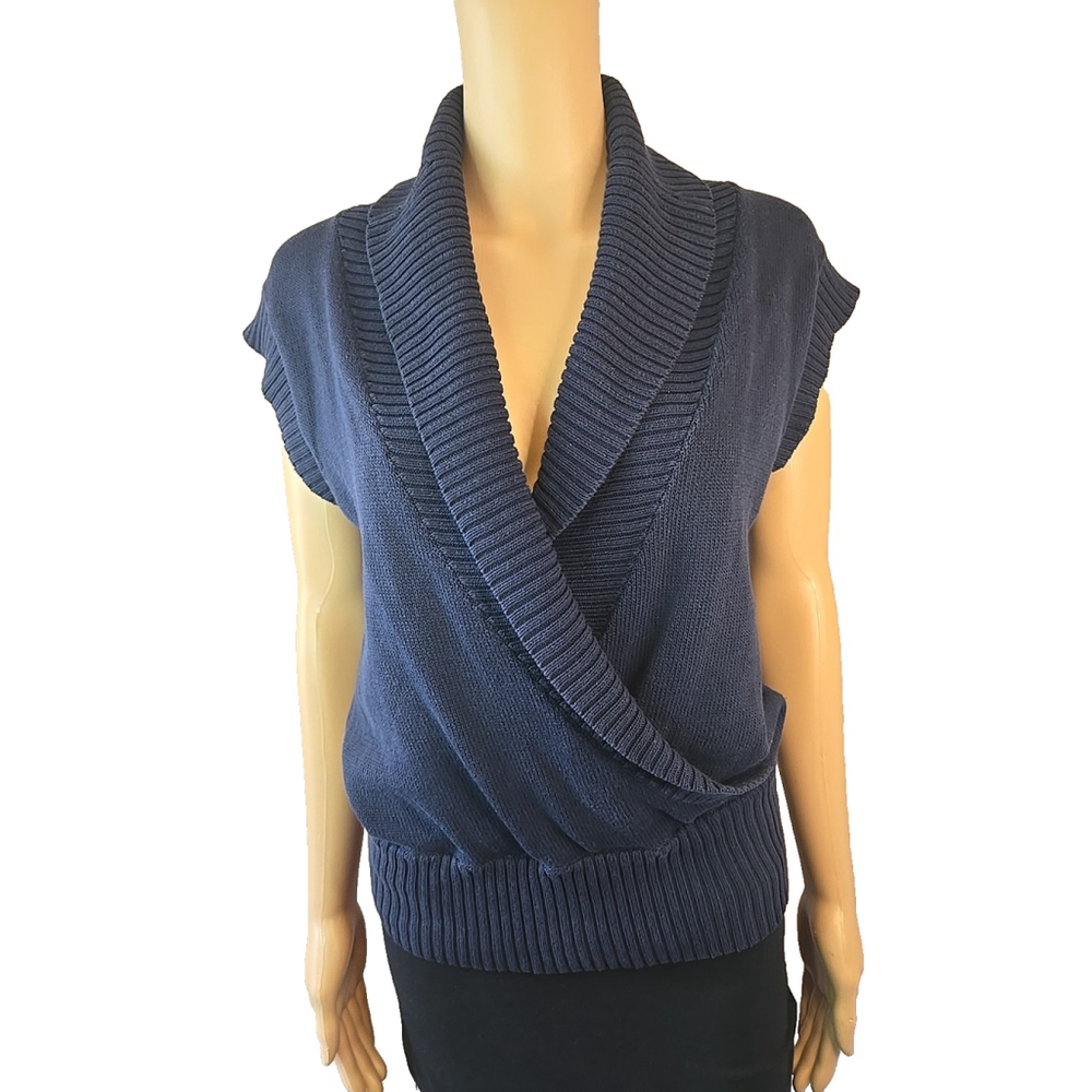 Faconnable Women's Navy Blue Short Sleeve Faux Wrap Sweater Size XS